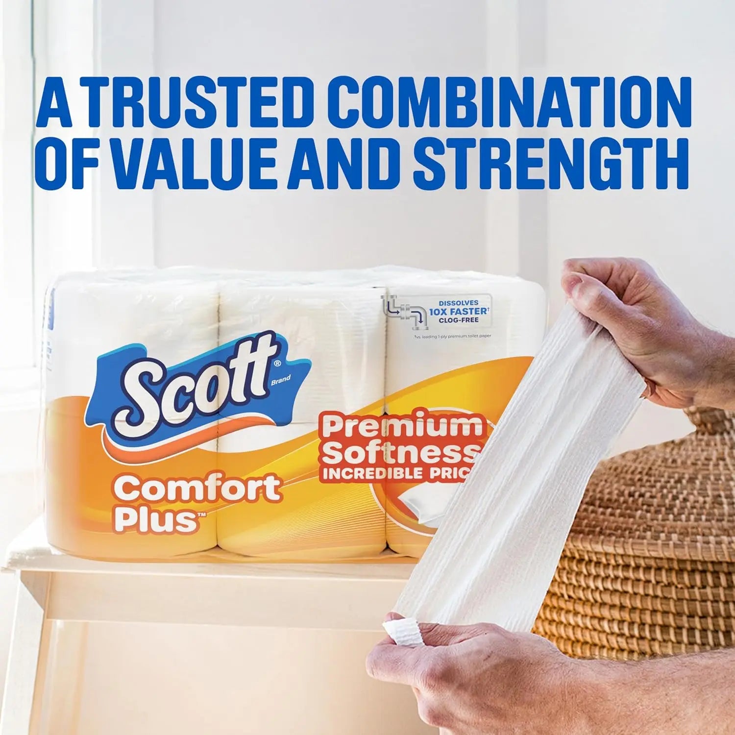 ComfortPlus 1-Ply Bath Toilet Paper, 12 Triple Rolls Equal to 36 Regular Rolls, 231 Sheets per Roll, Rapidly Dissolving Septic-Safe Tissue, Durable Disposable Bathroom Toilet Tissue for Household, RV and Septic Plumbing Syste